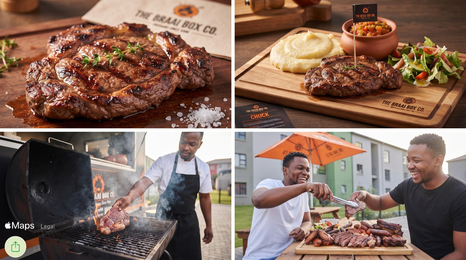 Braai Master grilling chuck at the trailer while residents share a platter under branded shade