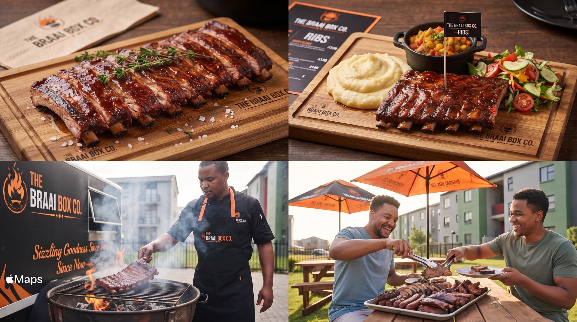 Glazed ribs served on branded wooden boards with pap, chakalaka and salad